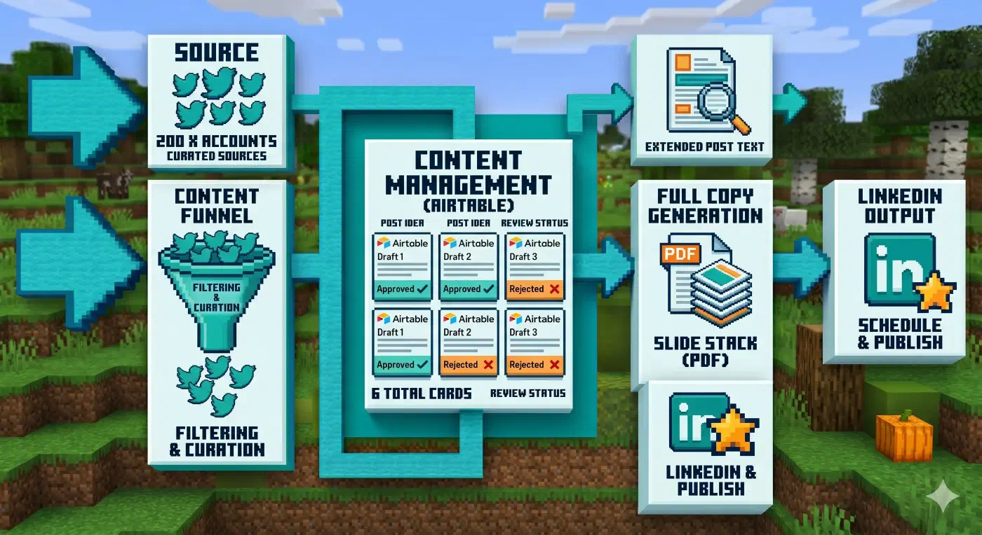 Un diagrama mostrando el flujo del pipeline de contenido: posts de X fluyen a Airtable para revisión, luego se extiende el copy, se genera PDF, y sale como carrusel de LinkedIn
