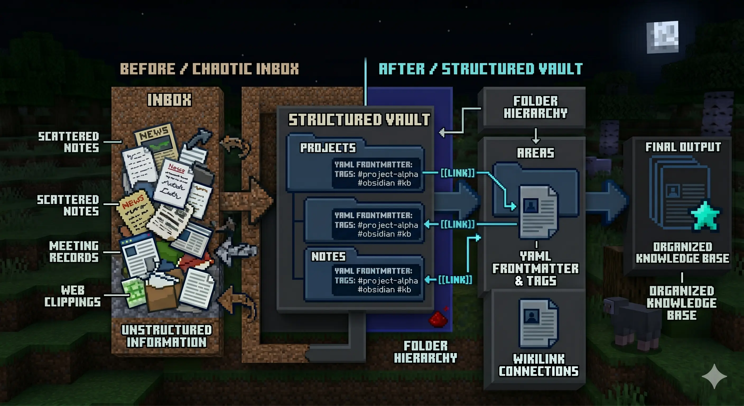 A diagram showing Obsidian inbox processing: raw notes flow in, AI organizes them into structured folders with WikiLinks, clean inbox flows out