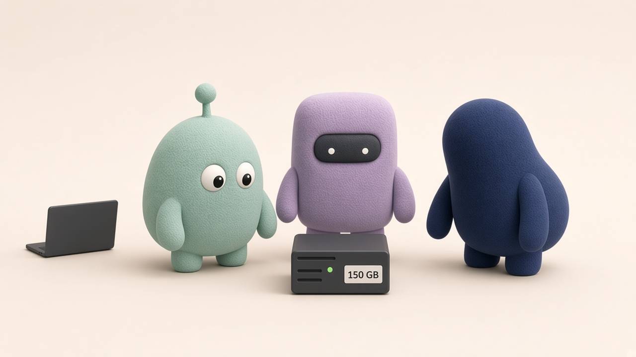 Three original plush mascots — a mint pebble with an antenna, a lavender rectangle with a visor, and a navy capsule — stand around a small server labeled 150 GB. A closed laptop sits off to the side. Cream background, soft editorial illustration.