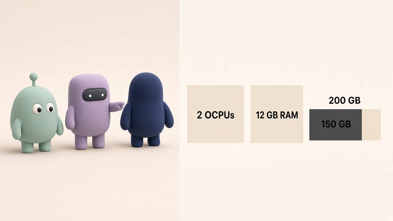 The same three plush mascots stand beside three blocks labeled 2 OCPUs, 12 GB RAM, and a 200 GB bar with 150 GB filled. Cream background, bold black type.