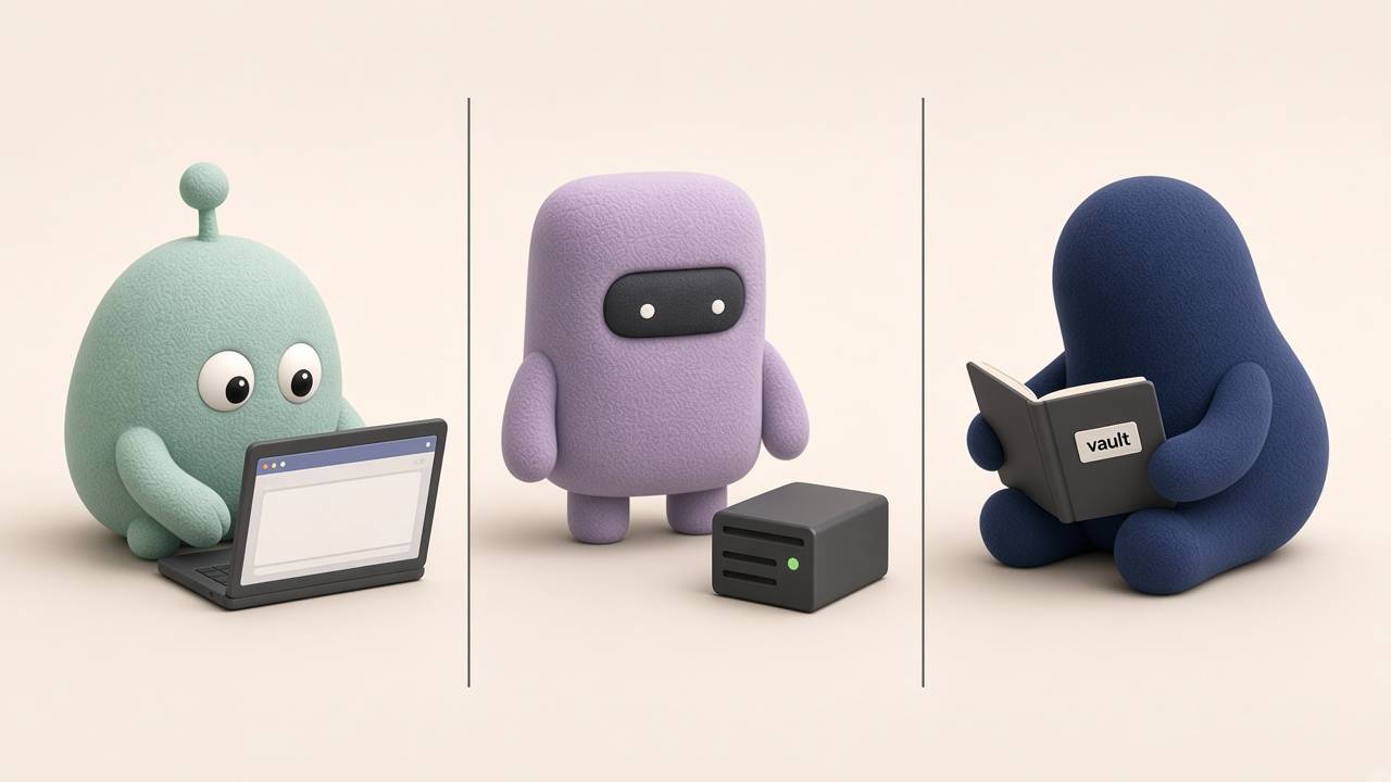 Three scenes divided by thin lines: the mint mascot in a laptop browser, the lavender mascot beside a mini server, and the navy mascot reading a notebook labeled vault. Cream background.