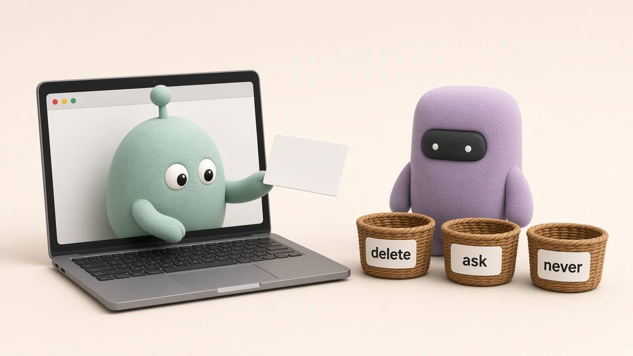 The mint mascot steps out of a laptop screen holding a blank card. The lavender mascot stands beside three baskets labeled delete, ask, and never. Cream background.