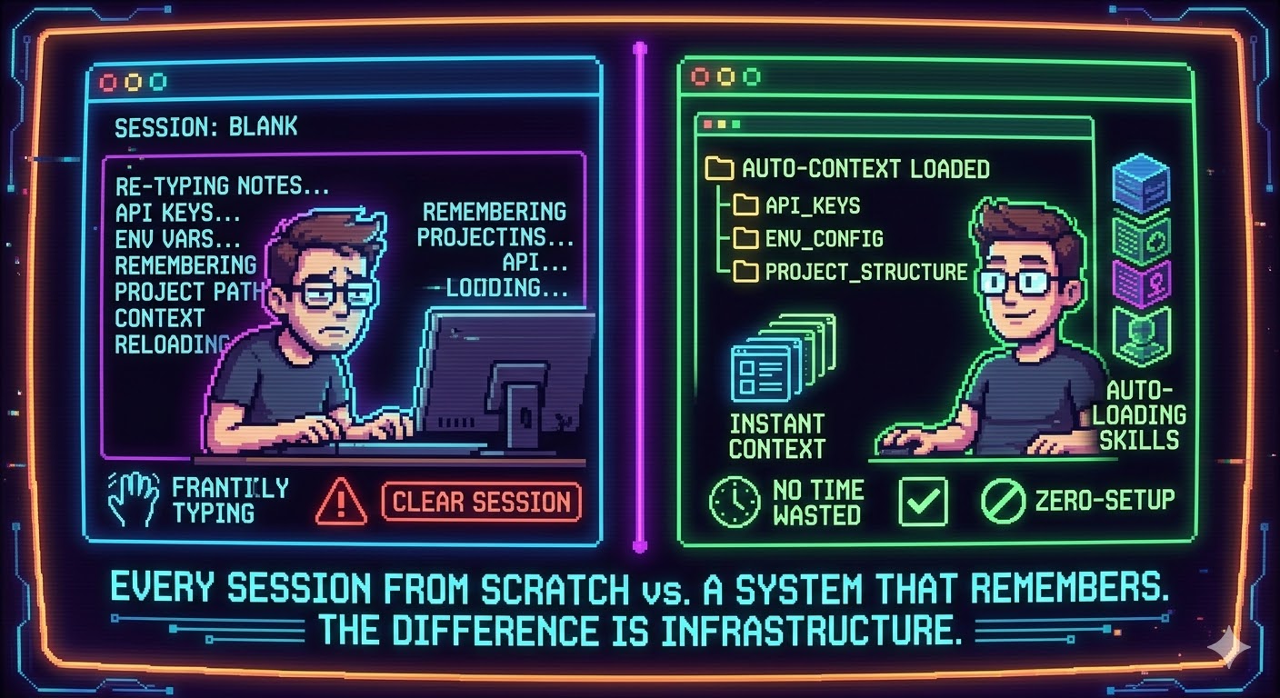 Split illustration: left side shows a developer staring at a blank Claude Code terminal, re-typing context notes. Right side shows the same developer with a clean terminal and skills auto-loading — organized folders, instant context, zero setup friction.