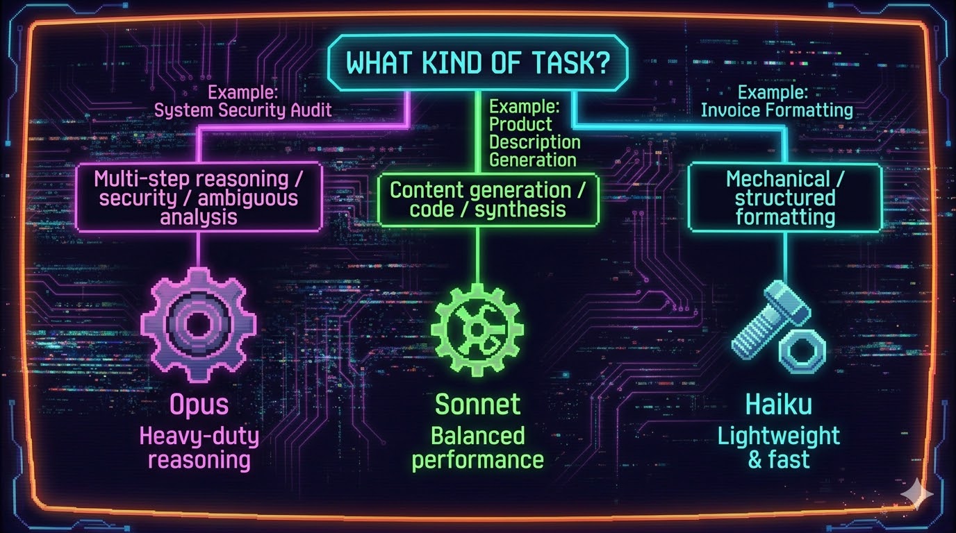 Decision tree diagram for model selection inside skills. Top node: 'What kind of task?' Three branches: 'Multi-step reasoning / security / ambiguous analysis' → Opus (shown as a heavy-duty gear icon). 'Content generation / code / synthesis' → Sonnet (medium gear). 'Mechanical / structured / formatting' → Haiku (lightweight bolt icon). Each branch includes an example skill name.