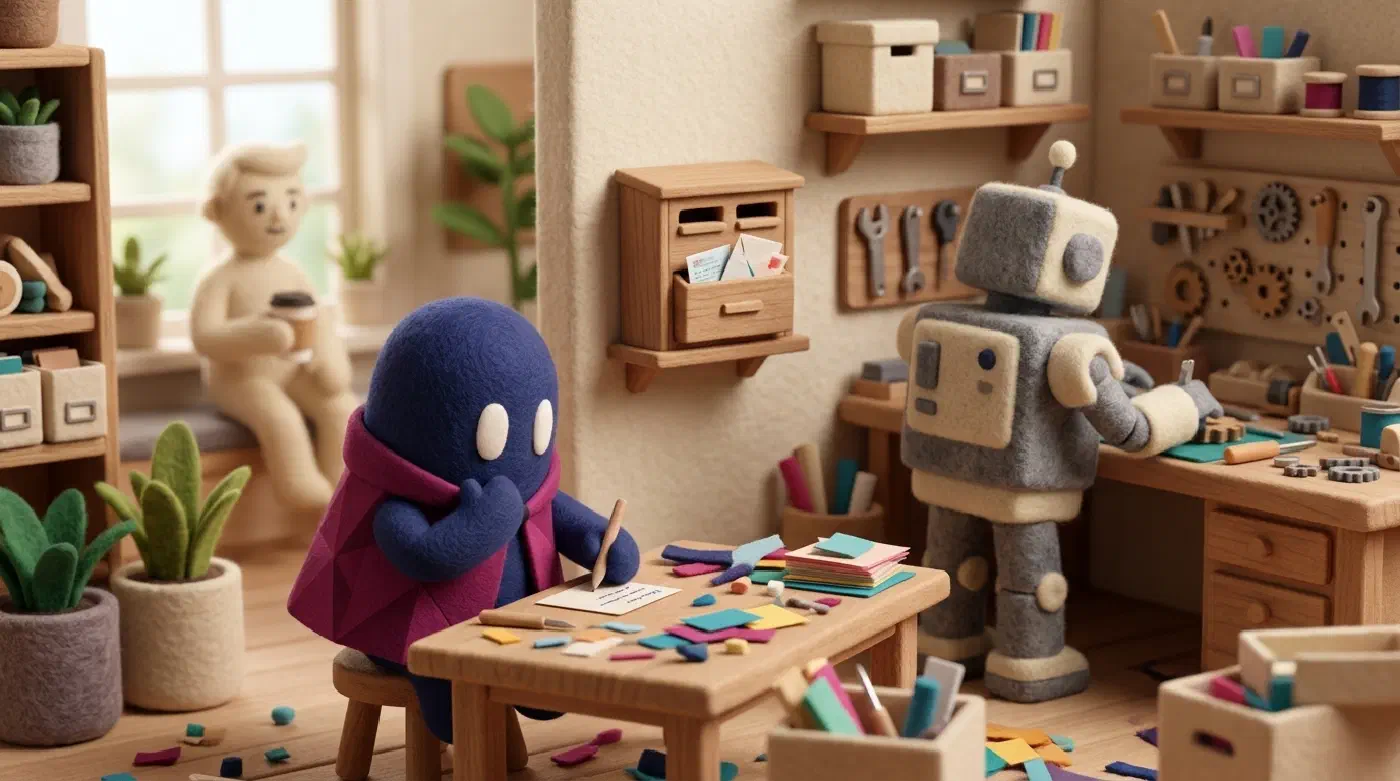 La mascota de fernandoux escribe órdenes que viajan por un buzón hasta un robot gris que trabaja, mientras una persona observa de lejos: el repo como canal entre agentes.