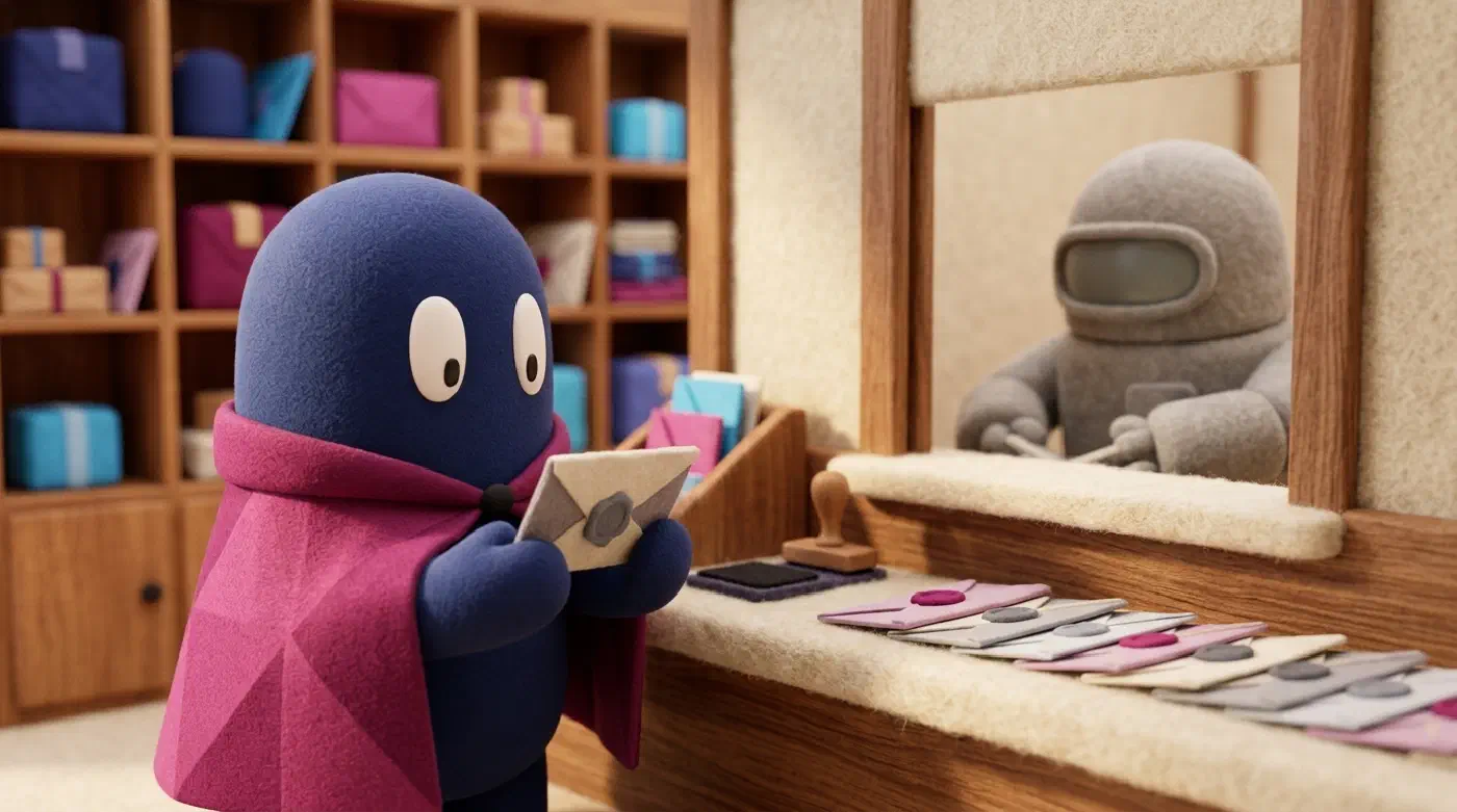 La mascota de fernandoux revisa un sobre devuelto en una fila ordenada que alterna órdenes suyas y reportes de un robot gris: el ciclo de tickets de trabajo y reporte.