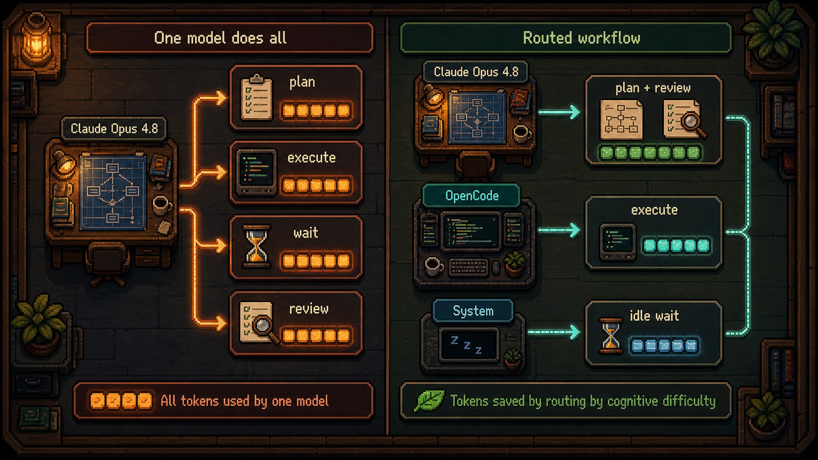 Gráfico comparativo que muestra a Claude Opus 4.8 haciendo todo el trabajo frente a un flujo enrutado donde Claude Opus 4.8 maneja la arquitectura y OpenCode maneja la ejecución.