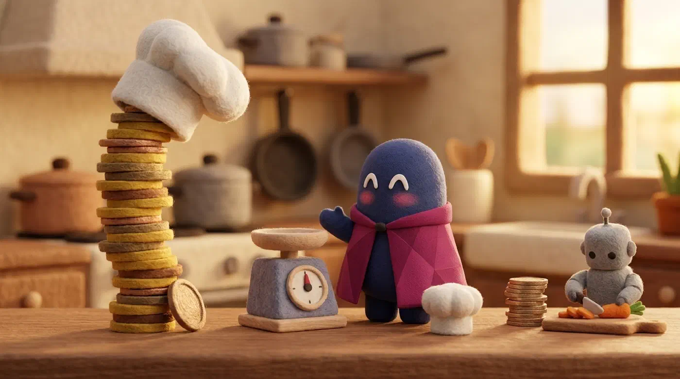 La mascota de fernandoux sonríe junto a una pila pequeña de monedas que comparte con un robot gris, frente a una torre enorme de un solo cocinero: repartir el trabajo ahorra tokens.