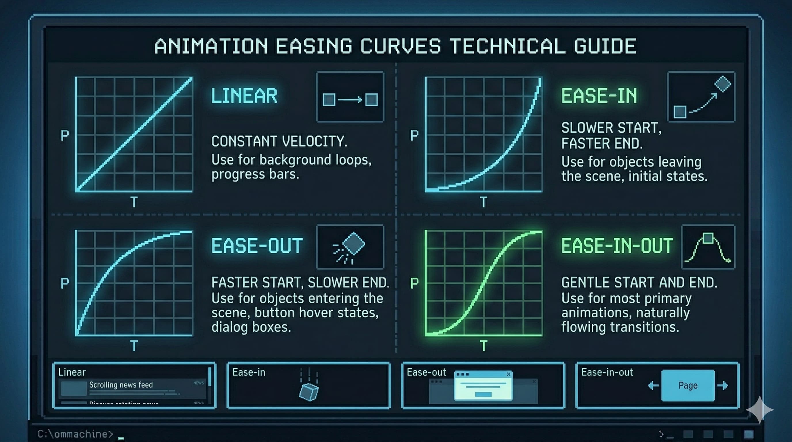 Visual comparison of four easing curves, linear, ease-in, ease-out, ease-in-out, showing how each affects perceived speed and the feel of a UI animation over time
