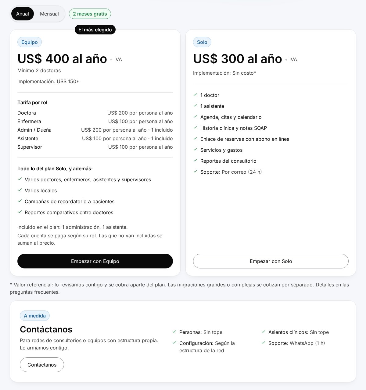 ArturoMed pricing page showing the Solo, Equipo and A medida plans with seat limits and annual pricing