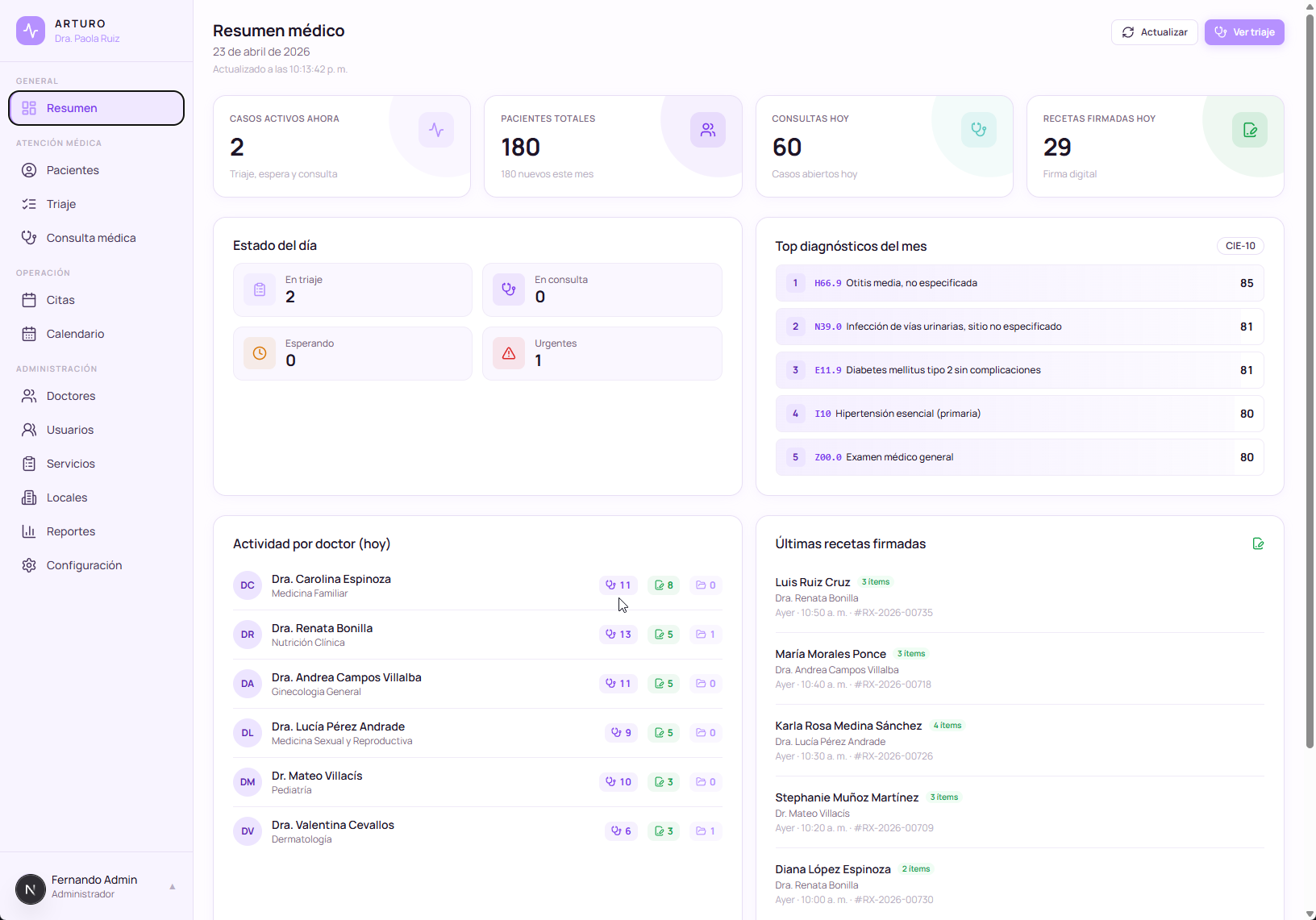 Barra lateral de navegación de ArturoMed mostrando los módulos de la plataforma: resumen, citas, calendario, doctores, servicios, locales, reportes, y configuración