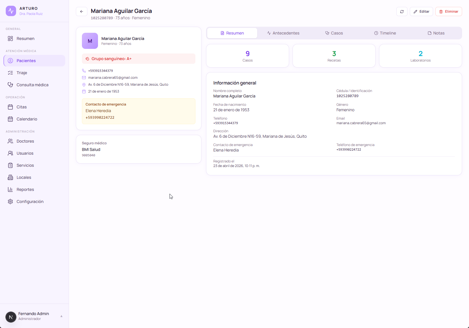 Módulo de paciente dentro de ArturoMed mostrando historial clínico, datos personales, y registros de citas