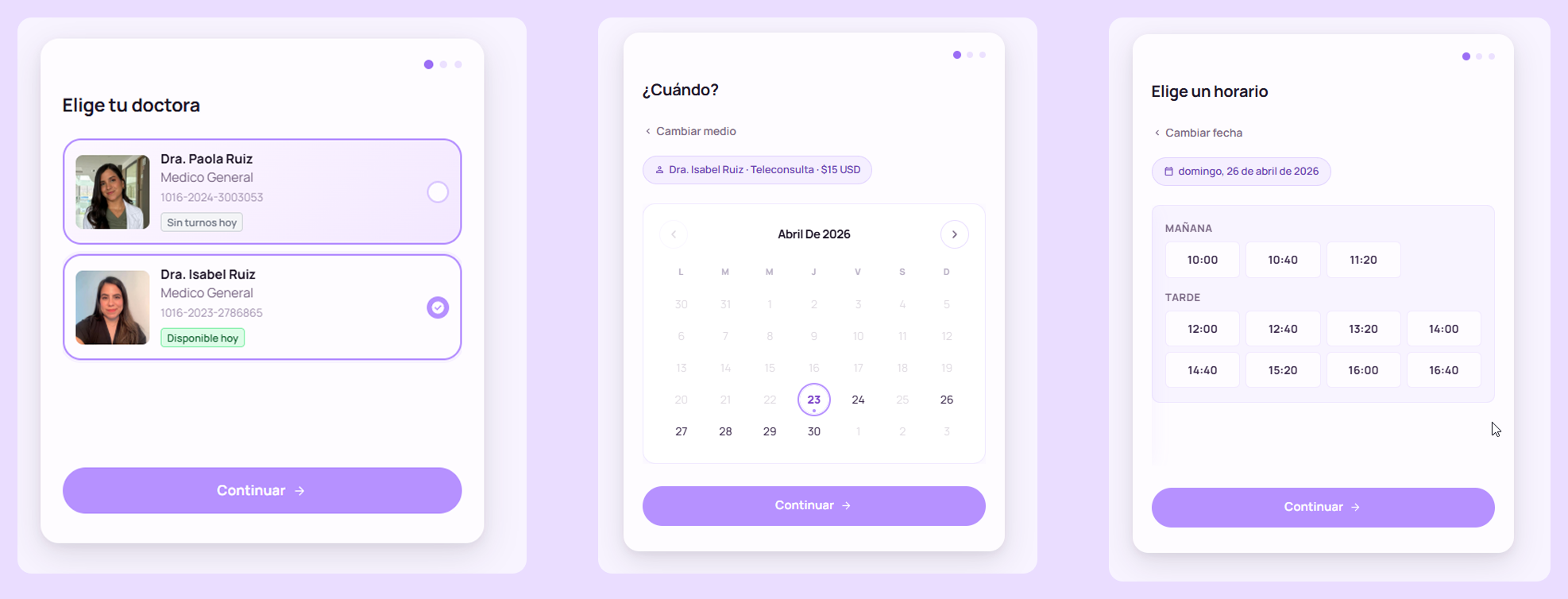 Flujo de agendamiento de citas desde selección de servicio hasta pantalla de confirmación