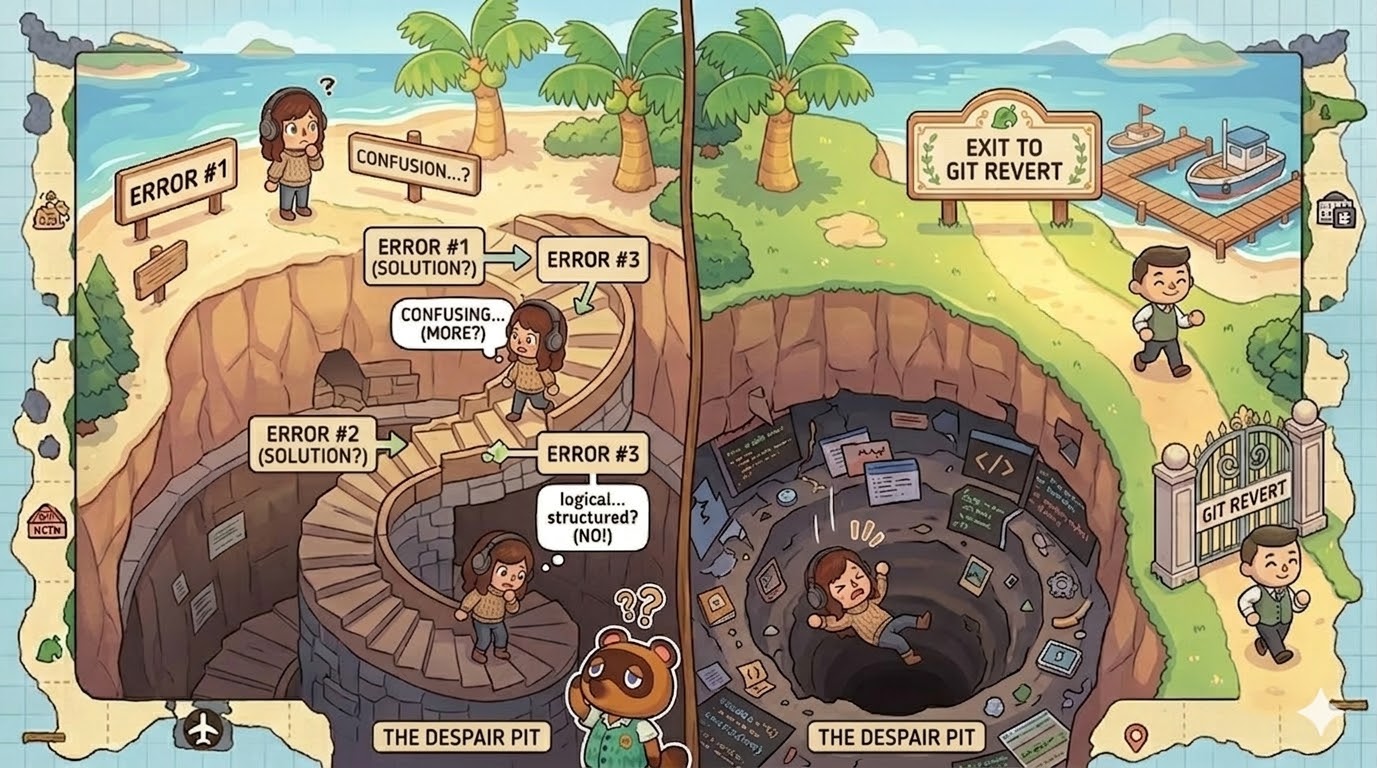 Visual spiral showing Error #1 → solution generates Error #2 → solution generates Error #3, with a figure falling into an increasingly deeper hole. To the side, an exit marked 'Git Revert'