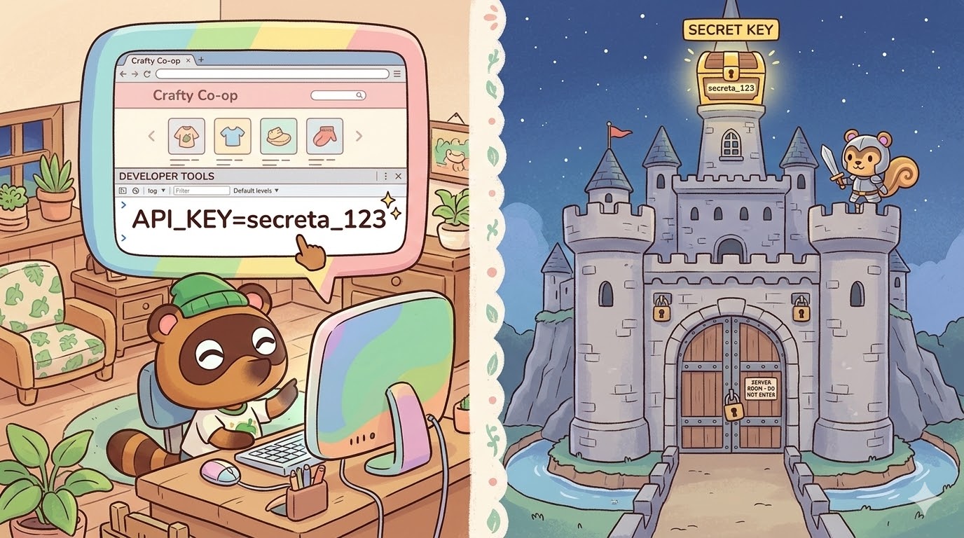 Diagram split in two: left shows a browser with DevTools open where a thief can see 'API_KEY=secret_123'. Right shows a fortress-like server where the key is protected inside.