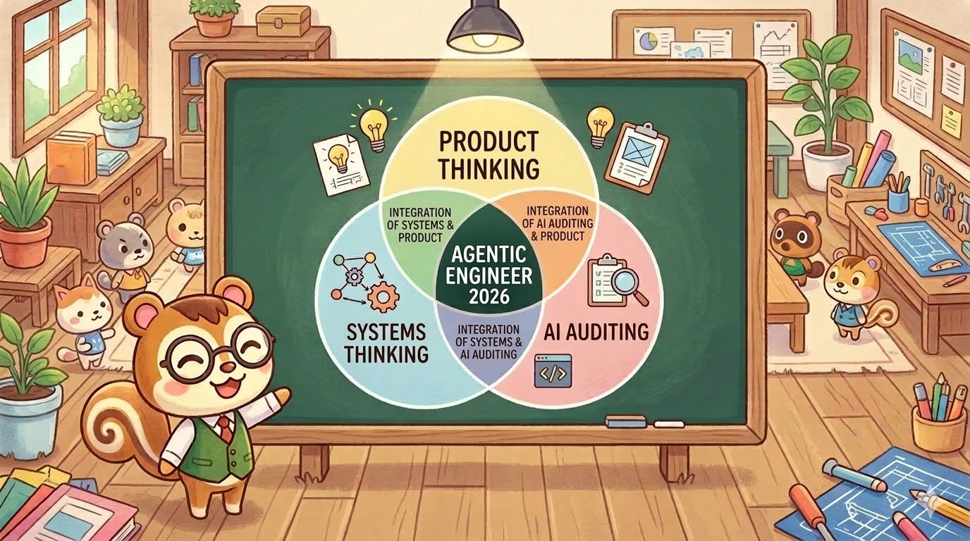 Venn diagram with three circles: 'Product Thinking', 'Systems Thinking', and 'AI Auditing'. The center of the diagram says 'Agentic Engineer 2026'