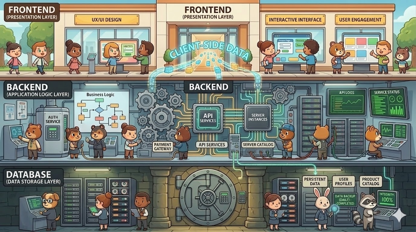 Diagram of three layers: Frontend (building facade), Backend (machinery room), Database (underground vault)
