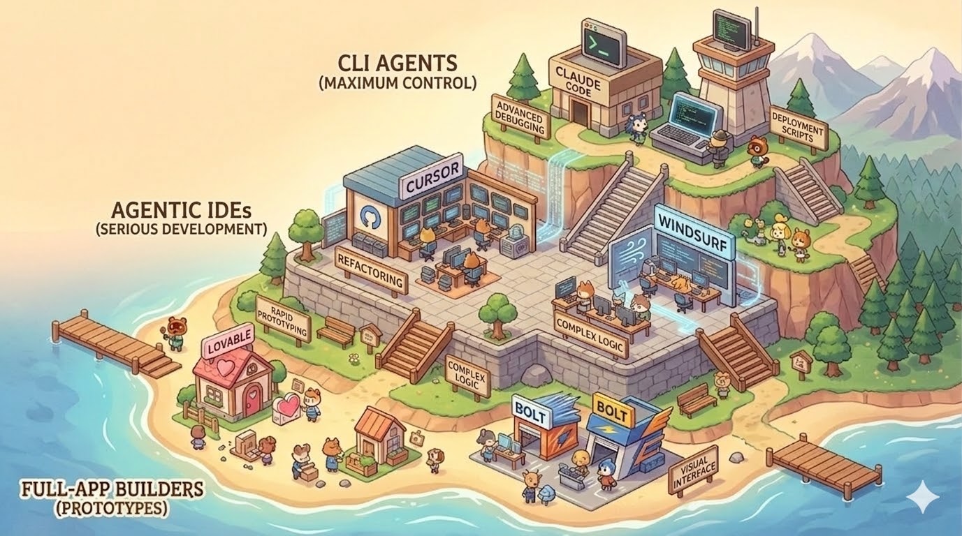 Map of tool ecosystem: Full-App Builders (Lovable, Bolt) at the base for prototypes, Agentic IDEs (Cursor, Windsurf) in the middle for serious development, CLI Agents (Claude Code) at the top for maximum control